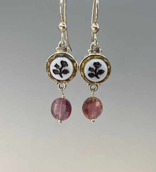 Victorian  Czech Glass in Metal Button earring set in Sterling Silver w/ Tourmaline Facet Accent