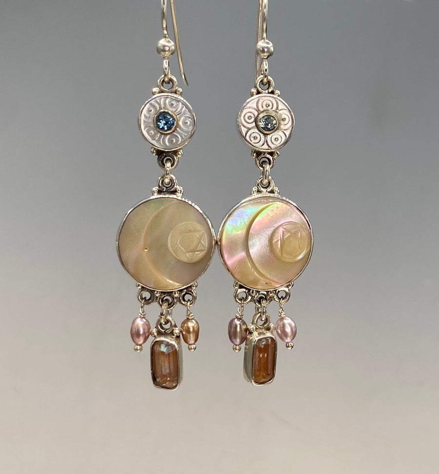 Victorian Carved Shell  Double Button Earrings w/ Moon & Star set in Sterling Silver accented with Saphiret Glass & Pearls