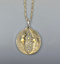 Victorian Picture Metal Button Sol Y Luna set in Sterling Silver w Facet Stone Rosary Accent