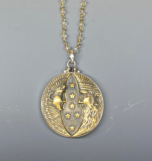 Victorian Picture Metal Button Sol Y Luna set in Sterling Silver w Facet Stone Rosary Accent
