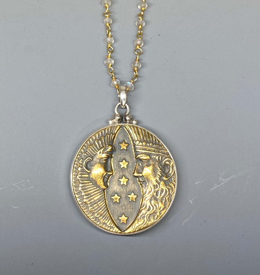 Victorian Picture Metal Button Sol Y Luna set in Sterling Silver w Facet Stone Rosary Accent