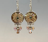 Victorian Carved Shell  Double Button Earrings w/ Tourmaline Center Stone set in Sterling Silver accented with Saphiret Glass & Pearls