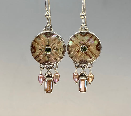 Victorian Carved Shell  Double Button Earrings w/ Tourmaline Center Stone set in Sterling Silver accented with Saphiret Glass & Pearls