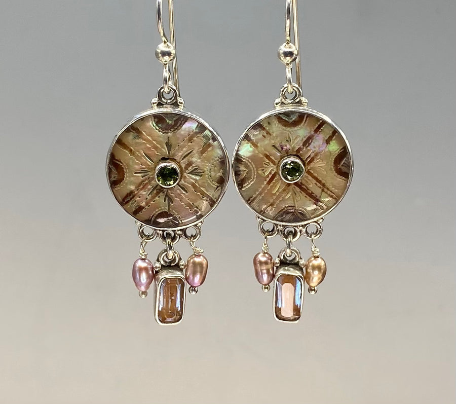Victorian Carved Shell  Double Button Earrings w/ Tourmaline Center Stone set in Sterling Silver accented with Saphiret Glass & Pearls