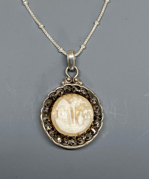 Victorian Village Scene Conch Shell W/ Steel Facet Rim set in Sterling Silver W/ Sterling Satellite Chain