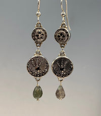 Victorian Hand Victorian Double Button Czech Luster Glass Button Earrings set in Sterling Silver Labradorite Drop