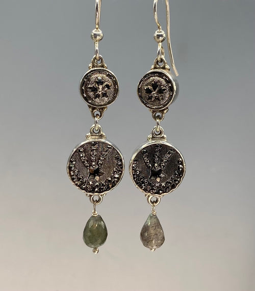 Victorian Hand Victorian Double Button Czech Luster Glass Button Earrings set in Sterling Silver Labradorite Drop