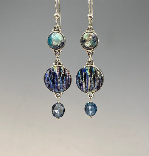 Victorian Hand Victorian Double Button  Leo Popper & Czech Luster Glass Button Earrings set in Sterling Silver Topaz Drop