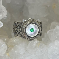 Victorian Sterling Shell Rhinestone Button set in Filigree Sterling Silver  Size 7-1/4