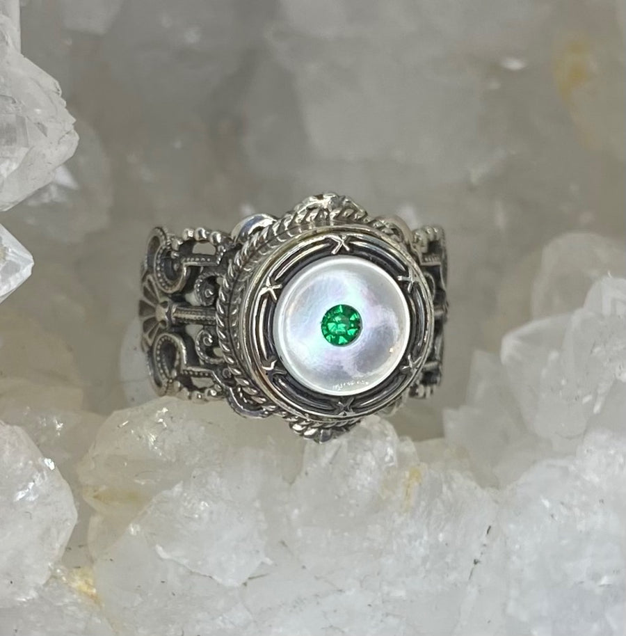 Victorian Sterling Shell Rhinestone Button set in Filigree Sterling Silver  Size 7-1/4