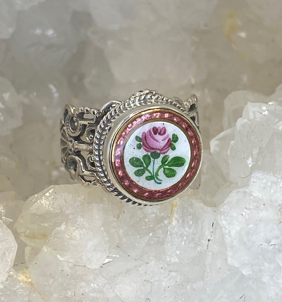 Victorian Hand Painted Floral Enamel Button set in Filigree Sterling Silver Ring Size 7