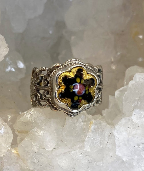 Victorian Hand Painted Floral Enamel Button set in Filigree Sterling Silver Ring Size 7-1/2