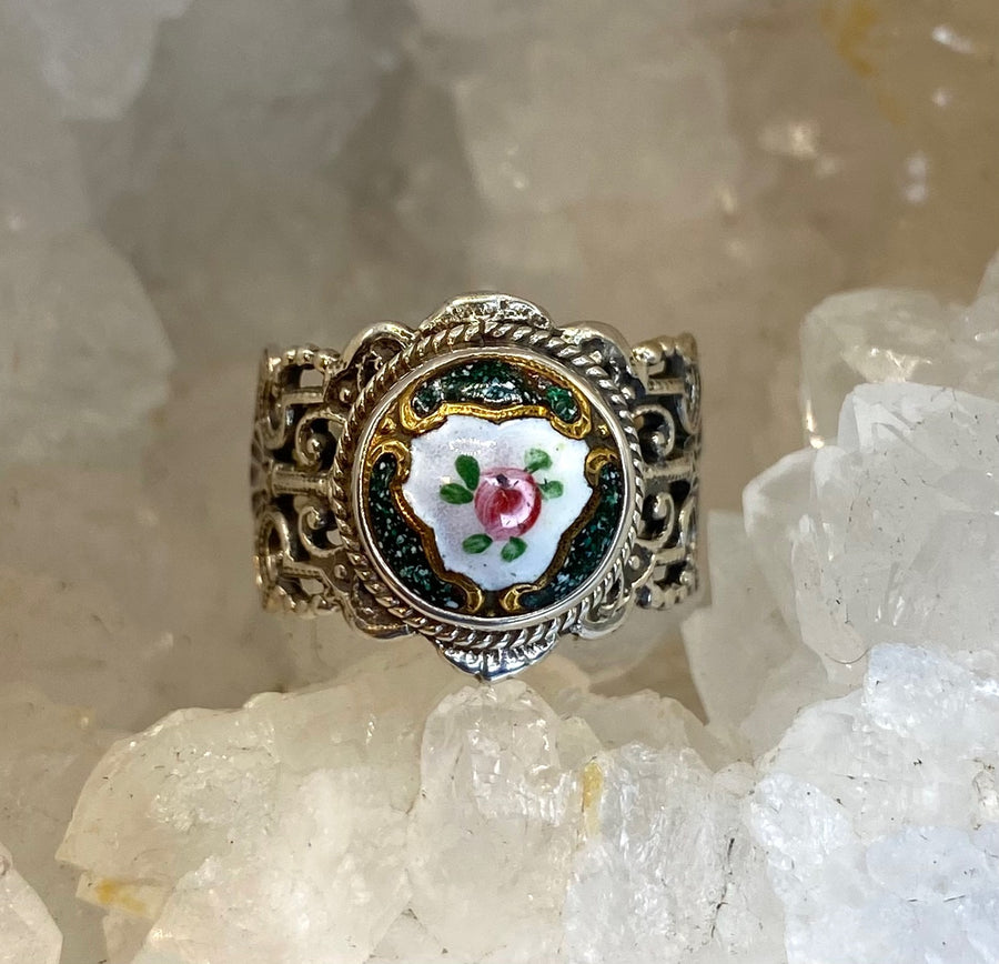Victorian Hand Painted Floral Enamel Button set in Filigree Sterling Silver Ring Size 7-1/4