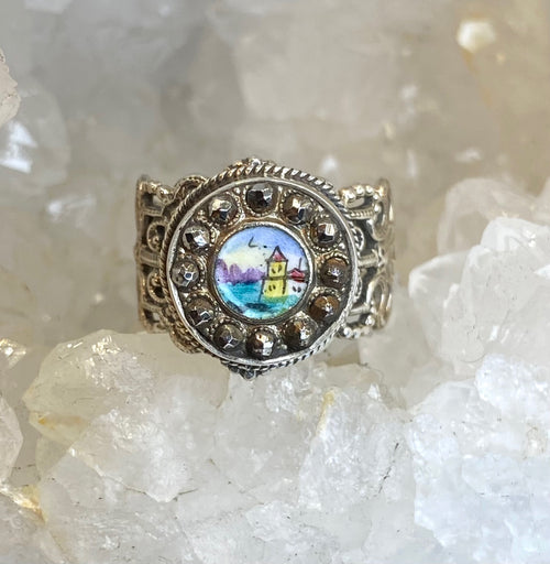 Victorian Hand Painted Lighthouse w/ Steel Facet Rim Enamel Button set in Filigree Sterling Silver Ring Size 6-3/4