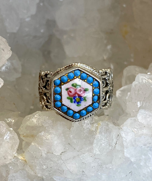 Victorian Hand Painted Floral Enamel Button set in Filigree Sterling Silver Ring Size 8-1/4