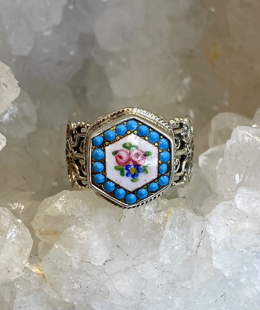 Victorian Hand Painted Floral Enamel Button set in Filigree Sterling Silver Ring Size 8-1/4