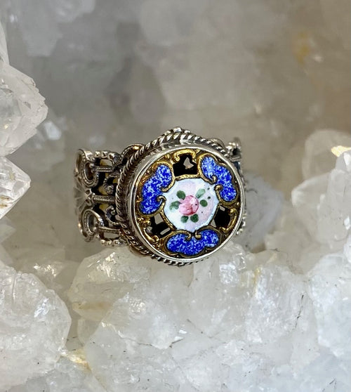 Victorian Hand Painted Floral Enamel Button set in Filigree Sterling Silver Ring Size 8