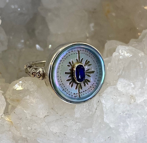 Victorian Carved Tinted Shell Button w/ Kyanite Facet Center set in Sterling Silver Ring Size 7