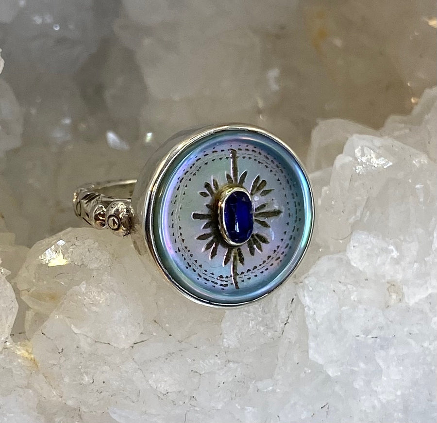 Victorian Carved Tinted Shell Button w/ Kyanite Facet Center set in Sterling Silver Ring Size 7