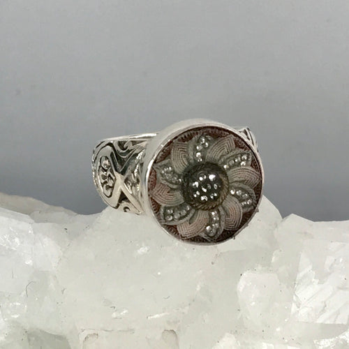 Victorian Lacy Czech Republic Glass set in Sterling Silver Ring Size 7