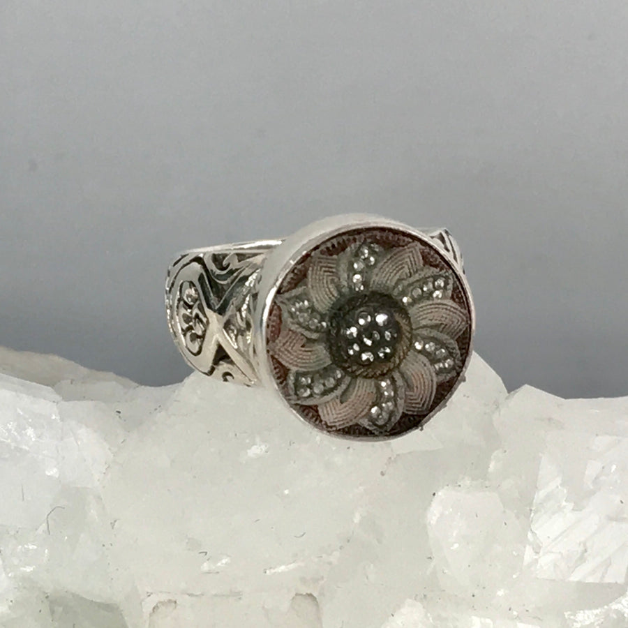 Victorian Lacy Czech Republic Glass set in Sterling Silver Ring Size 7