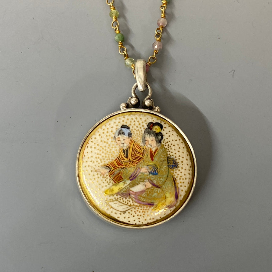 Handpainted Satsuma Antique Button Two Children set in Sterling Silver w/ Tourmaline Rosary Stone Accent
