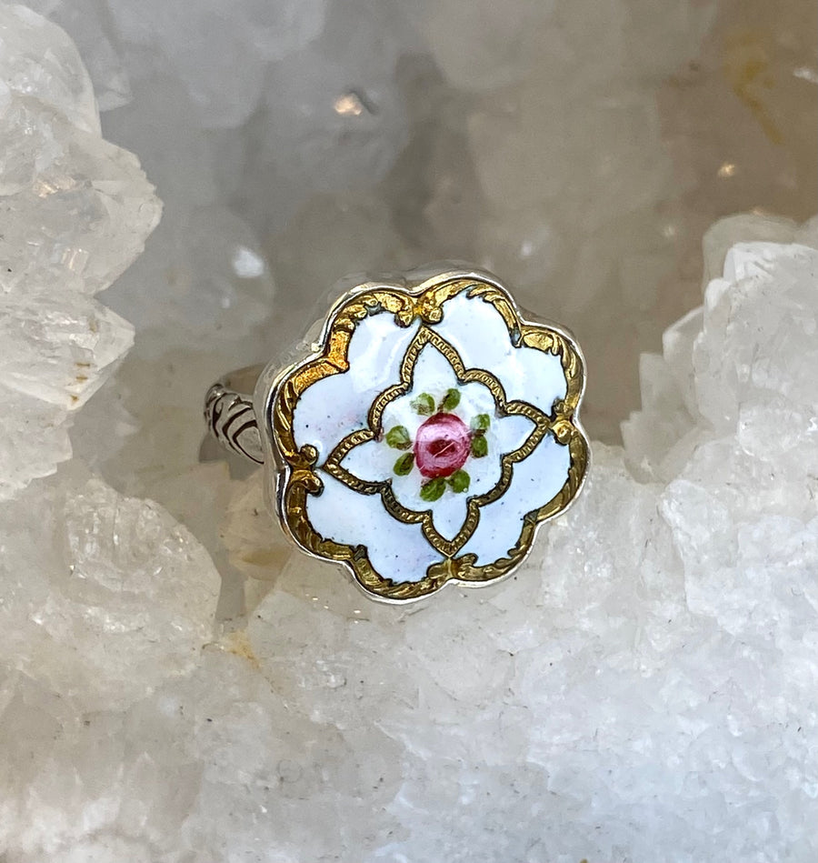 Victorian Hand Painted Floral Enamel Button set in Sterling Silver Ring Size 8-1/2