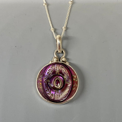 Victorian Carved Tinted Shell Button w/ Garnet Center set in Sterling Silver W/ Sterling silver chain