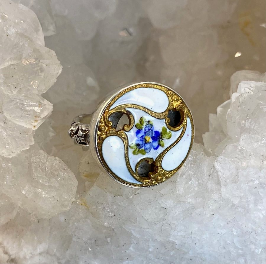 Victorian Hand Painted Floral Enamel Button set in Sterling Silver Ring Size 7-1/2