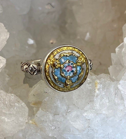 Victorian Hand Painted Floral Enamel Button set in Sterling Silver Ring Size 6-3/4
