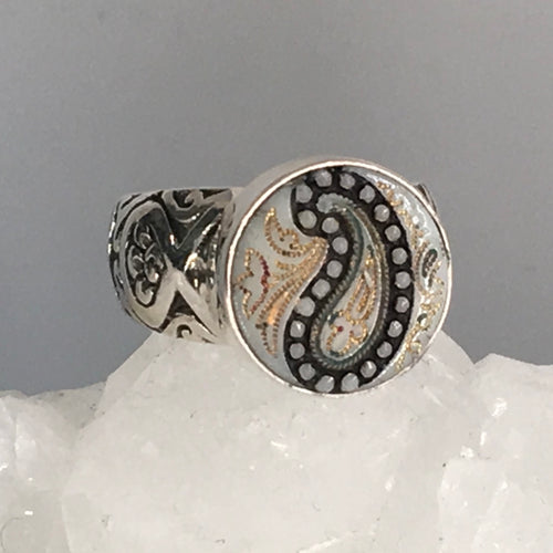 Vintage Czech Glass Button w/ Painted Paisley Accent Set in Sterling Silver Ring Size 7