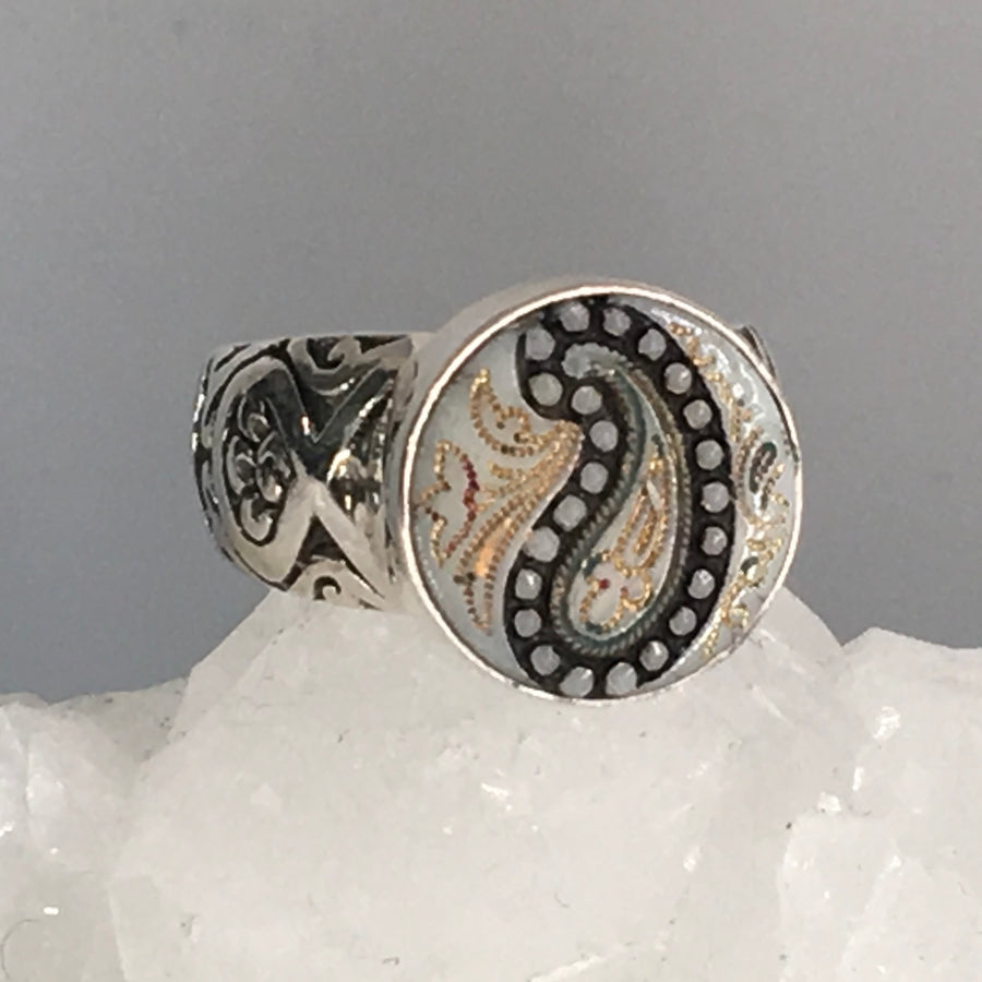 Vintage Czech Glass Button w/ Painted Paisley Accent Set in Sterling Silver Ring Size 7