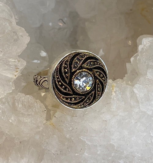 Vintage Czech Republic Luster Glass Button set in Sterling Silver Ring Size 8