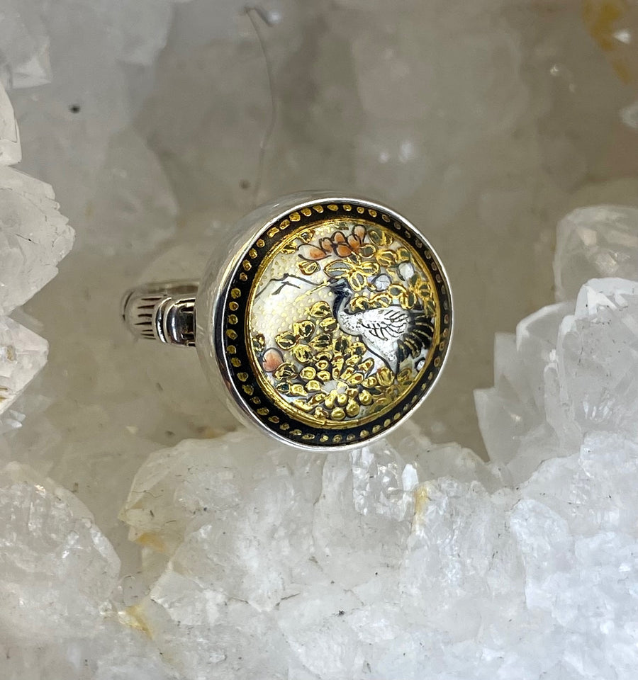 Hand Painted 24K Gold Paint Porcelain Satsuma Antique Button with Image of Bird  set in Sterling Silver Ring Size 7-1/4
