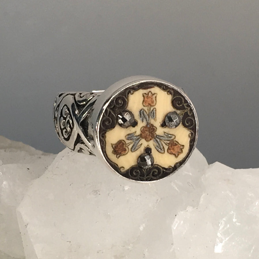 Victorian Celluloid Painted & Carved Accent set in Sterling Silver Ring Size 7