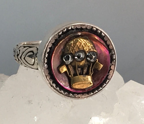 Victorian Picture Metal Hot Air Balloon on Tinted Pearl set in Sterling Silver Ring Size 7