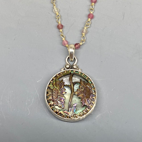 Victorian Carved Shell Ornate Button set in Sterling Silver w/ Tourmaline Stone Rosary Accent