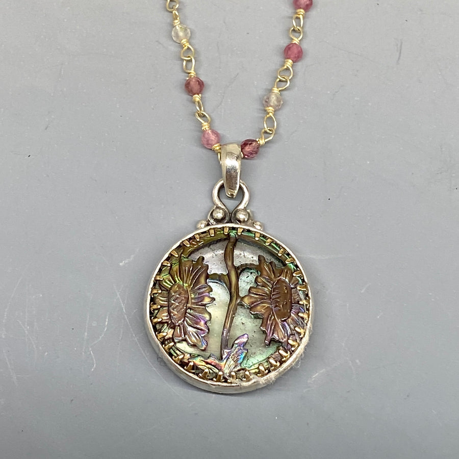 Victorian Carved Shell Ornate Button set in Sterling Silver w/ Tourmaline Stone Rosary Accent