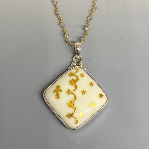 Victorian Hand Painted Fleur Du Lys Enamel set in Sterling Silver w/ Labradorite Facet Rosary Accent