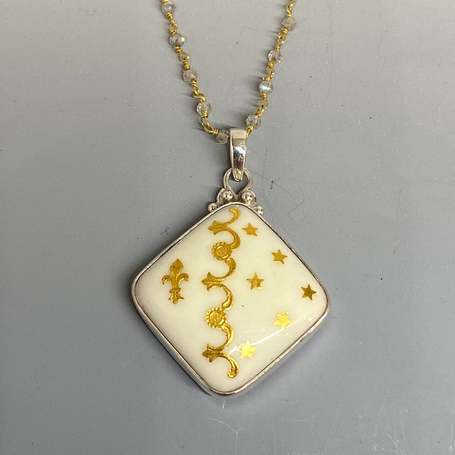 Victorian Hand Painted Fleur Du Lys Enamel set in Sterling Silver w/ Labradorite Facet Rosary Accent