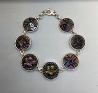 Early 1900s Czech Republic Carnival Luster Glass Buttons set in Sterling Silver Bracelet