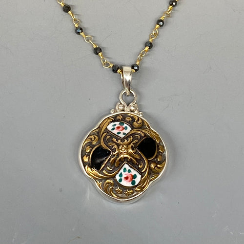 Victorian Hand Painted Enamel set in Sterling Silver w/ Pyrrite Facet Rosary Accent