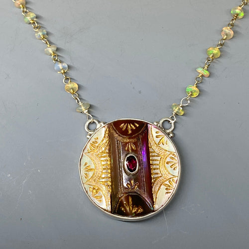 Victorian Carved Pearl w/ Garnet Center set in Sterling Silver w/ Ethiopian Opal Stone Rosary Accent