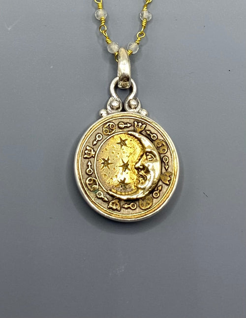 Victorian Picture Metal Moon Button set in Sterling silver w/ Pearl Necklace Accent