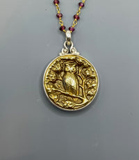 Victorian Picture Metal Owl Button  set in Sterling Silver w/ Garnet Facet Stone Necklace 20"