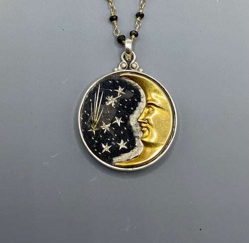 Victorian Picture Metal Moon button set in Sterling silver Pendant w/ Pyrrite Facet Necklace