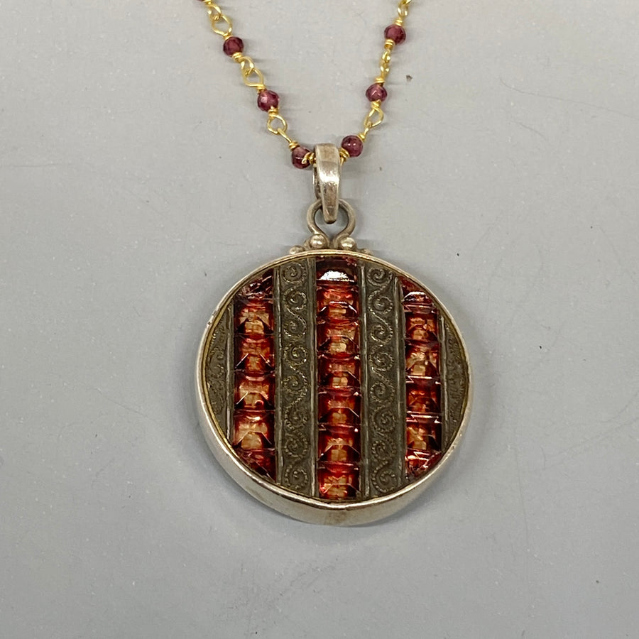 Victorian Design in   Glass Mosaic Glass inlaid in Victorian Metal Button set in Sterling Silver W/ Rosary Garnet Necklace Accent