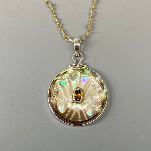 Victorian Carved Pearl w/ Tourmaline Center set in Sterling Silver w/ Labradorite Stone Rosary Accent