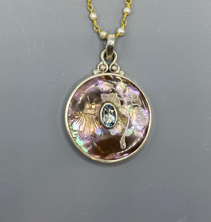Victorian Carved Shell Insect & Flower Button w/ Tourmaline set in Sterling silver w/ 20" Pearl Necklace