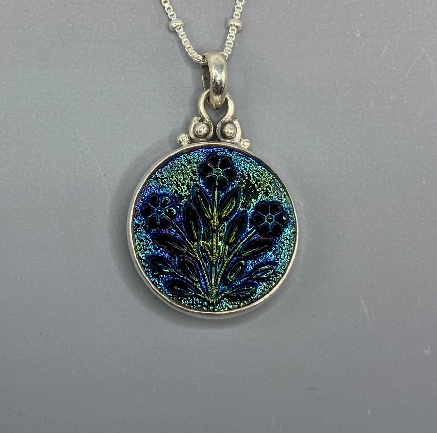 Vintage Floral Czech Republic Luster Glass set in Sterling silver w/ Sterling Silver Necklace